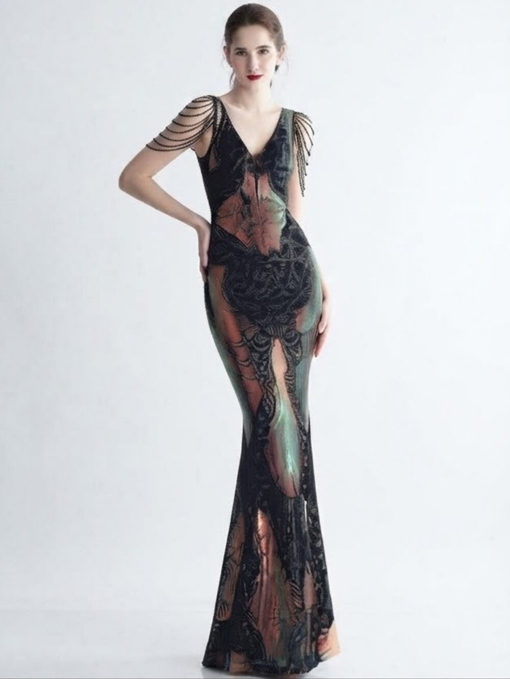 Black,  Floral Print, Sleeveless,  Round Back,  V Neck, Sequined Mermaid…